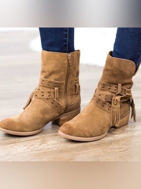Naughty Monkey Tan Suede Fringe Ankle Boots "NIB"